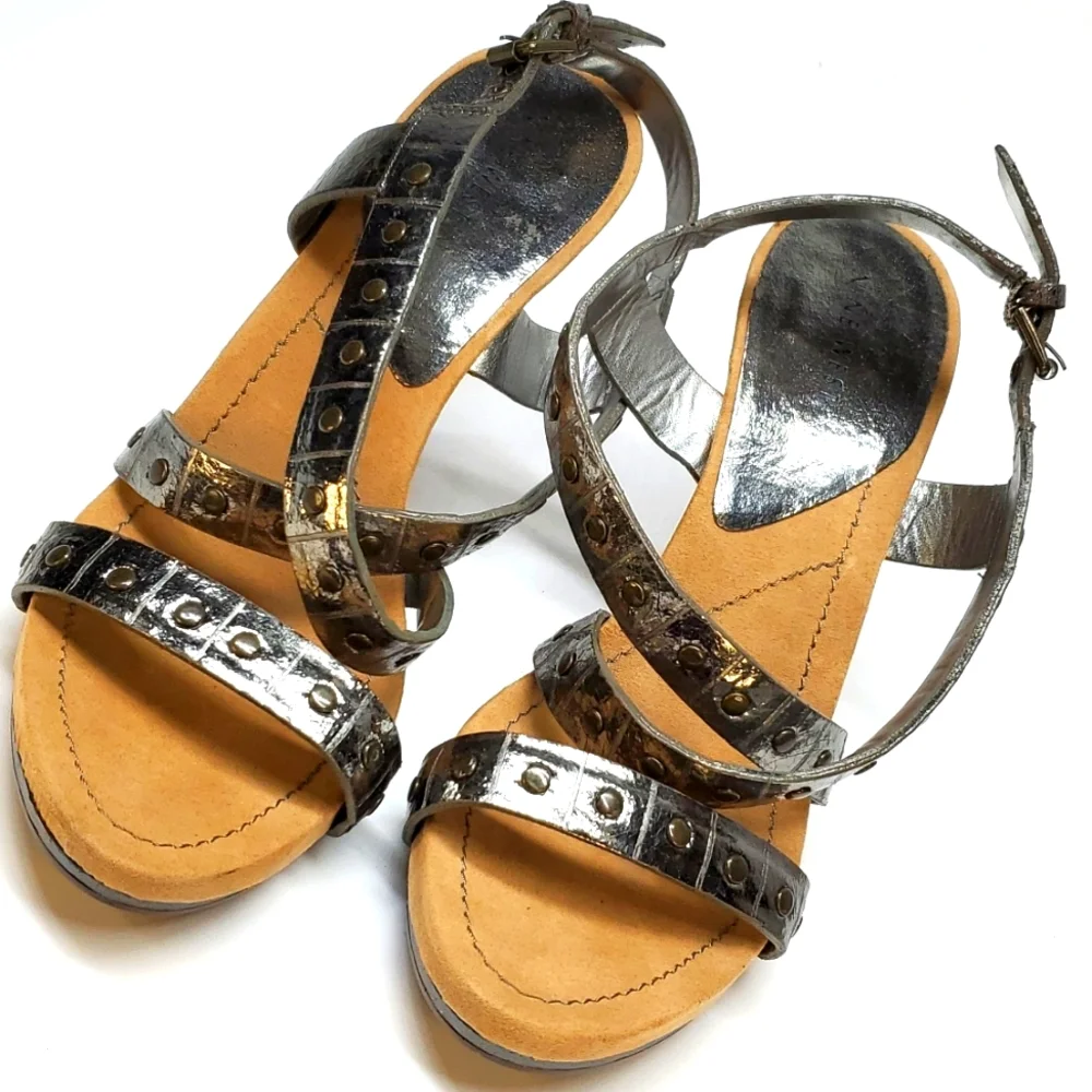 NINE WEST Dimsum Metallic Leather Ankle Strap Heeled Sandal
